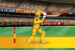 노란색 유니폼을 입은 사람이 경기장에서 크리켓 배트를 휘두르고 있는 모습