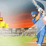 푸른 유니폼을 입은 타자가 크리켓 경기장에서 배트를 휘두르는 모습과 함께 CPL TOURNAMENT 로고 및 재생 버튼이 있는 이미지