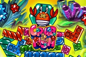 다채로운 배경에 붉은 집게발과 큰 눈을 가진 게가 중앙에 있고, 주변에는 형형색색의 블록들이 배치되어 있다