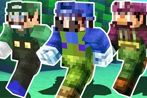 세 명의 픽셀화된 캐릭터가 초록색과 푸른색의 배경 위를 달리고 있다