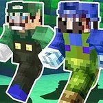 세 명의 픽셀화된 캐릭터가 초록색과 푸른색의 배경 위를 달리고 있다