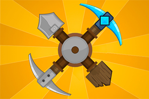 노란 배경 위 교차된 삽, 곡괭이, 칼, 도끼