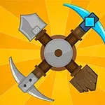 노란 배경 위 교차된 삽, 곡괭이, 칼, 도끼