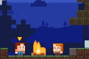 픽셀 아트 스타일의 두 캐릭터가 밤에 캠프파이어 앞에 서 있는 모습