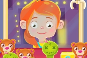 오렌지색 머리를 가진 여자아이와 인형들이 있는 인형 뽑기 기계