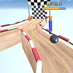 구불구불한 나무 트랙 위에 검은색 공이 있고, 끝에 체커 깃발이 있는 장면