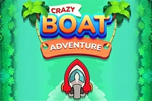 트로피컬 배경의 중앙에 화려한 글씨로 CRAZY BOAT ADVENTURE가 쓰여 있고, 아래에는 빨간과 흰색의 보트가 정면을 향해 있는 모습