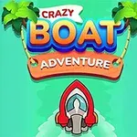 트로피컬 배경의 중앙에 화려한 글씨로 CRAZY BOAT ADVENTURE가 쓰여 있고, 아래에는 빨간과 흰색의 보트가 정면을 향해 있는 모습