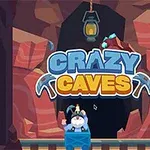 굴 속에서 광부가 손수레에 타고 있는 모습과 CRAZY CAVES라는 텍스트가 있는 장면