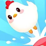 귀여운 흰 닭이 빨간 버섯 위에서 점프하는 장면