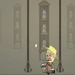 노란 모자를 쓴 남자가 책을 들고 서 있으며, 주변에는 액자들이 배열되어 있다