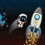 우주복을 입은 캐릭터가 우주 로켓과 함께 밤하늘을 배경으로 떠 있는 모습