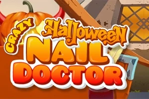 할로윈 호박과 창문 옆에 Crazy Halloween Nail Doctor라는 글자가 있는 이미지