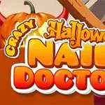 할로윈 호박과 창문 옆에 Crazy Halloween Nail Doctor라는 글자가 있는 이미지