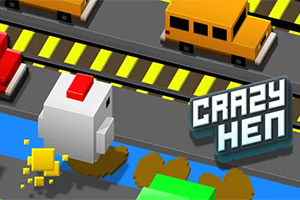 도로에서 자동차 사이를 건너는 입체적인 흰 닭과 게임 로고