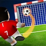 축구 선수가 빨간색 유니폼을 입고 공을 골대 쪽으로 차는 장면