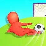 붉은색 캐릭터가 초록 잔디 위에서 축구공을 차며 골대를 향해 달려가는 장면