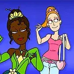 두 명의 애니메이션 캐릭터가 파란 배경 앞에서 포즈를 취하고 있다