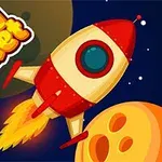 우주에서 행성을 배경으로 날아가는 빨간 로켓과 Crazy Rocket이라는 텍스트