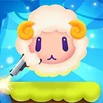 귀여운 양이 파란 배경에 떠 있는 녹색 발판 위에 있으며, 양 옆에 전구 모양이 있는 모습