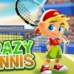 테니스 코트에 있는 금발 캐릭터와 CRAZY TENNIS라는 텍스트