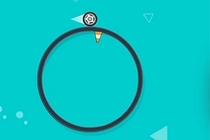 하늘색 배경 위에 검은 색 테두리의 원과 그 위에 놓인 공, 작은 트라이앵글 모양 장식