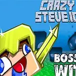 캐릭터가 금색 갑옷과 검을 들고 파란 배경 앞에 있으며, CRAZY STEVE