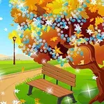 나무 아래 벤치가 있는 알록달록한 가을 풍경