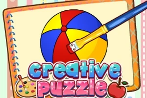 색칠 도구와 색색의 공이 일러스트된 노트북 페이지, 그리고 creative puzzle라는 글자가 포함된 이미지