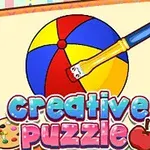 색칠 도구와 색색의 공이 일러스트된 노트북 페이지, 그리고 creative puzzle라는 글자가 포함된 이미지