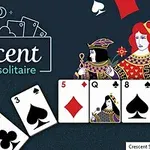 카드와 크레센트 솔리테어 로고, 두 명의 카드 인물이 있는 이미지