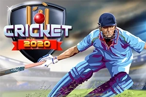파란색 유니폼을 입은 크리켓 선수와 CRICKET 2020 로고