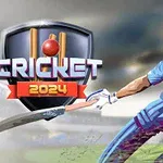 파란색 유니폼을 입은 야구 모자를 쓴 타자가 경기장에서 크리켓 배트를 휘두르는 모습과 CRICKET 2024라는 글자가 있는 엠블럼