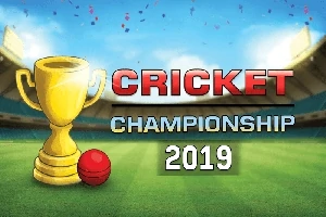 황금색 트로피와 빨간 크리켓 공이 있는 경기장의 배경에 CRICKET CHAMPIONSHIP 2019라는 글자가 쓰여져 있습니다