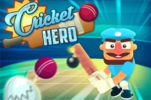 만화 스타일의 남자가 크리켓 배트를 들고 공을 치는 장면