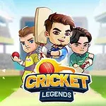 세 명의 만화 스타일의 크리켓 선수들이 경기장에서 포즈를 취하고 있는 모습