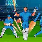 세 명의 스포츠 선수들이 푸른 경기복을 입고 크리켓 경기장에 서 있는 장면