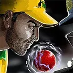 두 남성이 각각 노란색과 파란색 유니폼을 입고 서로를 마주 보며 중앙에 붉은 공이 떠 있는 장면