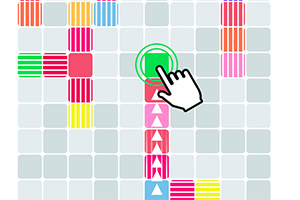 손가락 커서가 녹색 원을 클릭하고 있는 다양한 색상의 격자 무늬 블록 이미지