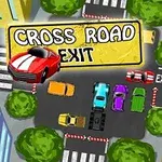 다양한 색상의 자동차들이 교차로에 서 있는 모습과 CROSS ROAD EXIT라는 표지판