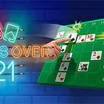 네온 불빛 속 카드 게임 테마와 손가락이 카드 위를 가리키고 있는 이미지