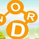 주황색 원 안에 W, O, R, D 글자가 서로 연결되어 있으며, 배경에는 녹색 산과 하늘이 보입니다