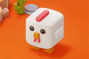 하얀색 정육면체 모양의 귀여운 닭과 선인장 장식이 있는 오렌지색 배경