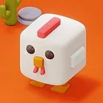 하얀색 정육면체 모양의 귀여운 닭과 선인장 장식이 있는 오렌지색 배경