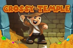 모자를 쓰고 채찍을 든 캐릭터가 보물로 가득한 사원 앞에 서 있다