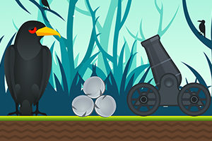 큰 검은 까마귀와 대포, 대포알이 숲 배경 앞에 놓여 있습니다