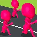 세 개의 분홍색 캐릭터들이 검은 도로 위에서 달리고 있는 모습