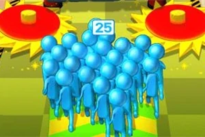 파란색 캐릭터 25명이 집합해 있는 장면