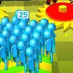 파란색 캐릭터 25명이 집합해 있는 장면