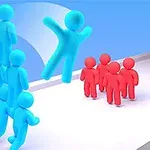 파란색 사람 모양 캐릭터들이 피라미드 형태로 쌓여 있고, 한 캐릭터는 공중에 떠 있으며, 빨간색 캐릭터들은 길 위에 서 있는 장면